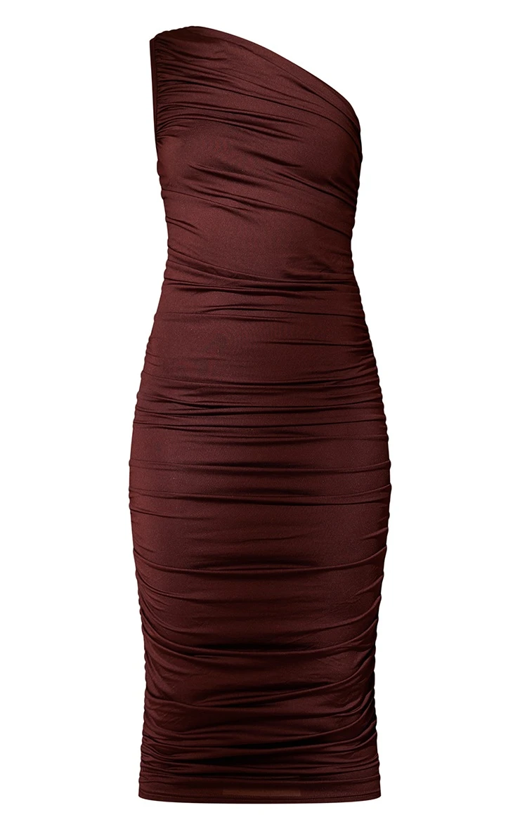 Chocolate Ruched One Shoulder Slinky Longline Midi Dress 6 Chocolate Ruched One Shoulder Slinky Longline Midi Dress - Image 5