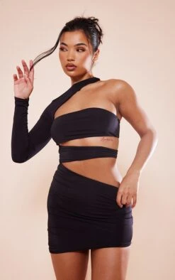 Black Slinky One Shoulder Cut Out Mini Dress