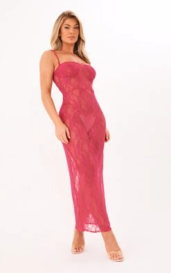 Hot Pink Sheer Lace Strappy Bust Detail Maxi Dress