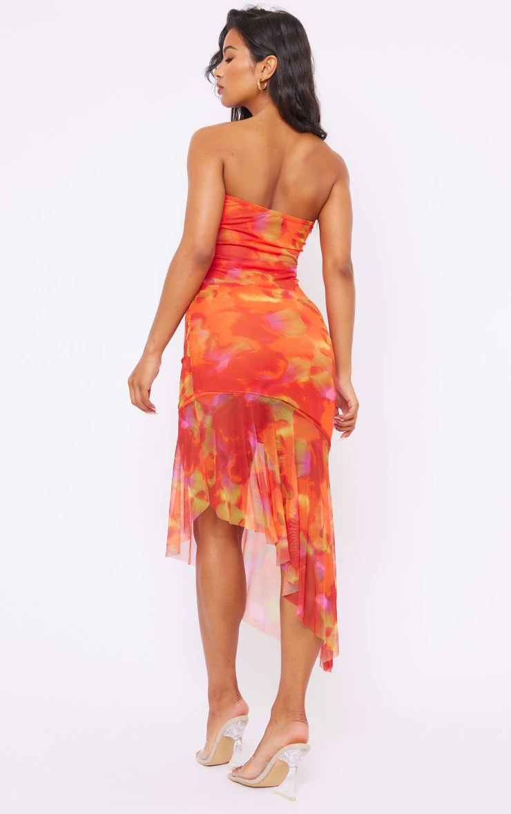 Orange Abstract Print Asymmetric Frill Hem Bandeau Midaxi Dress 6 Orange Abstract Print Asymmetric Frill Hem Bandeau Midaxi Dress - Image 4