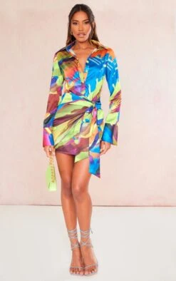 Multi Abstract Print Satin Tie Detail Shirt Dress -Cheap Dress Store e0fd53fc34c52c42b4872056510df86fc223c0f8 cne4574 3