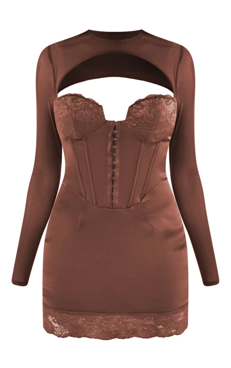Chocolate Satin Lace Detail Hook & Eye Mesh Sleeve Bodycon Dress 7 Chocolate Satin Lace Detail Hook & Eye Mesh Sleeve Bodycon Dress - Image 5