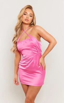 Hot Pink Satin Cross Neck Detail Bodycon Dress -Cheap Dress Store e2ecff61e3000b4f8c2e70fc733dae27c4a4ebbb cne1390 1