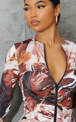 Chocolate Abstract Print Slinky Ruched Zip Through Bodycon Dress -Cheap Dress Store e31f9e2d147c53b99fb0149293ec90342ebb0c88 cmp8366 5