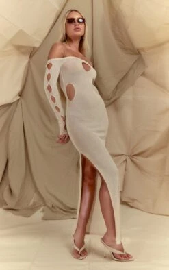 Cream Sheer Knit Cut Out Long Sleeve Maxi Dress