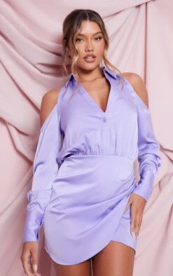 Lilac Cold Shoulder Satin Wrap Shirt Dress