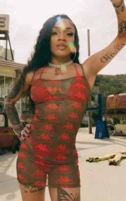 Kappa Khaki Mesh Monogram Strappy Bodycon Dress