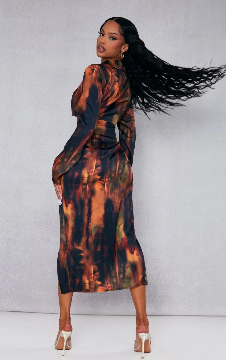 Multi Grunge Print Woven Satin Cut Out Midaxi Shirt Dress 4 Multi Grunge Print Woven Satin Cut Out Midaxi Shirt Dress - Image 2