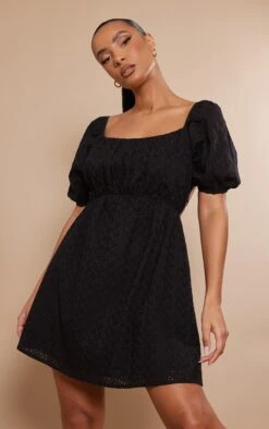 Black Broderie Anglaise Puff Sleeve Shift Dress