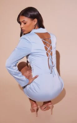 Pale Blue Satin Lace Up Back Detail Blazer Dress
