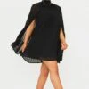 Black Pleated Cape High Neck Shift Dress