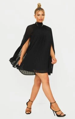 Black Pleated Cape High Neck Shift Dress