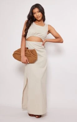 Stone Linen Look Racer Cut Out Maxi Dress