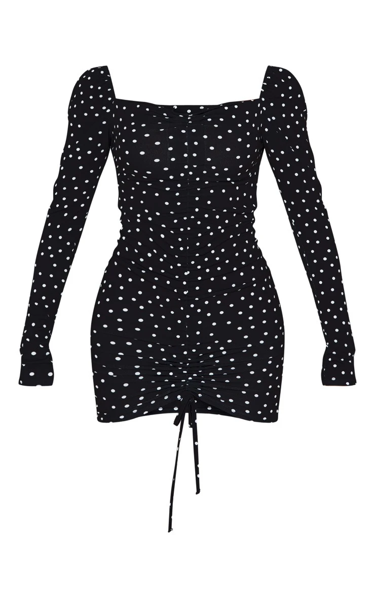 Black Polka Dot Print Ruched Front Long Sleeve Bodycon Dress 7 Black Polka Dot Print Ruched Front Long Sleeve Bodycon Dress - Image 5