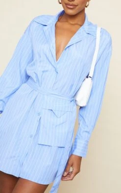 Blue Stripe Tie Waist Pocket Detail Shirt Dress -Cheap Dress Store eb80349f83dbd529e2d102706d75b4ba99247323 cnd1235 4