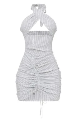 Grey Stripe Textured Wrap Neck Ruched Bodycon Dress -Cheap Dress Store ec2a6013482c6af521ffca8cc5516d839a03c7b4 cnd5483 5