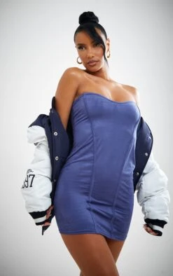 Blue Faux Suede Bandeau Bodycon Dress