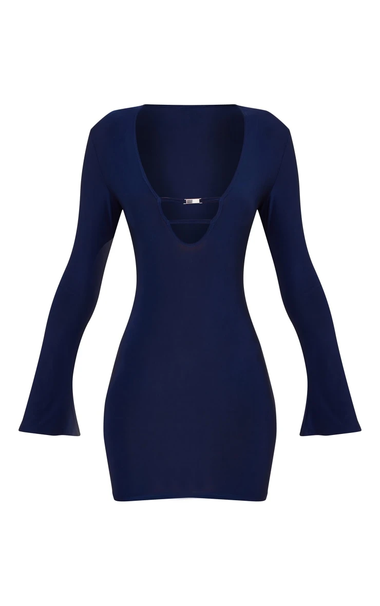 Navy Slinky Cut Out Trim Detail Long Sleeve Bodycon Dress 7 Navy Slinky Cut Out Trim Detail Long Sleeve Bodycon Dress - Image 5