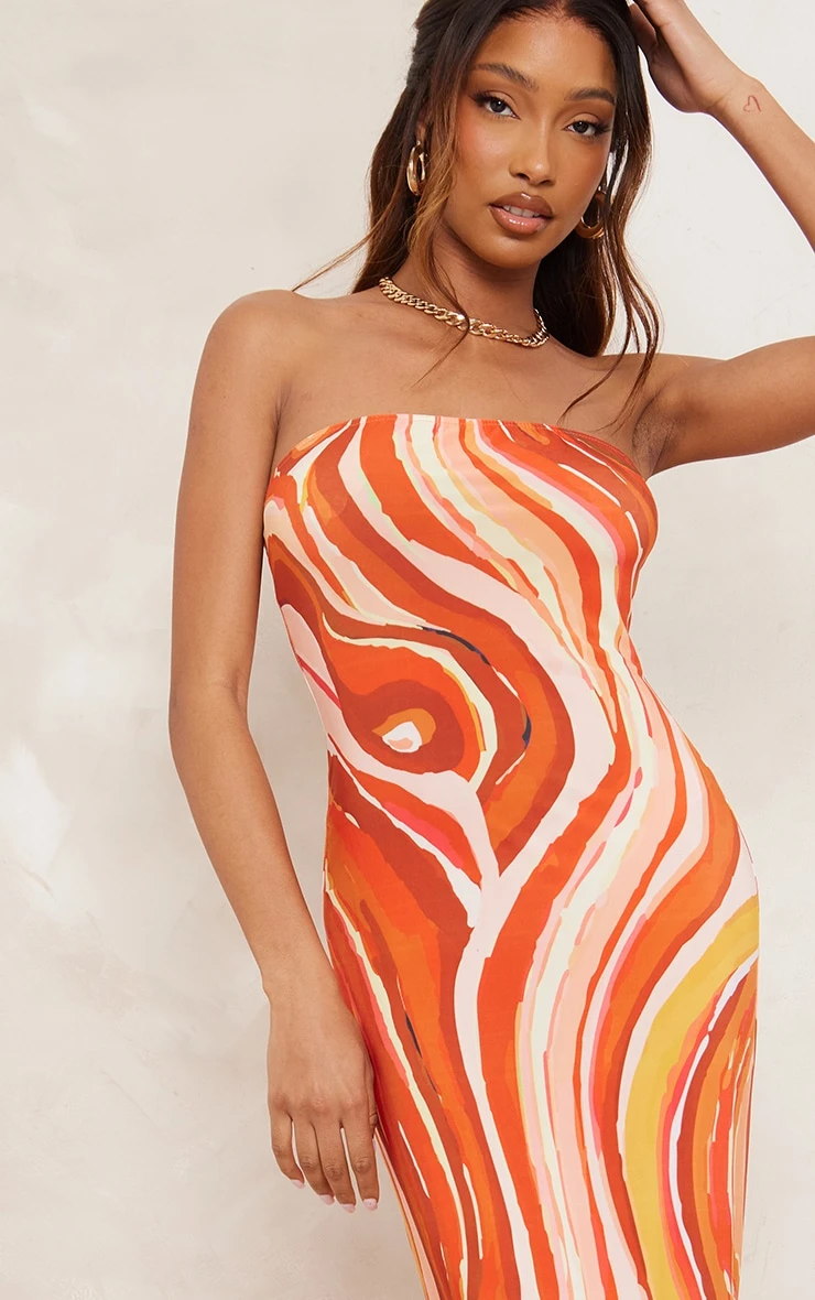 Orange Swirl Print Slinky Bandeau Maxi Dress 6 Orange Swirl Print Slinky Bandeau Maxi Dress - Image 4