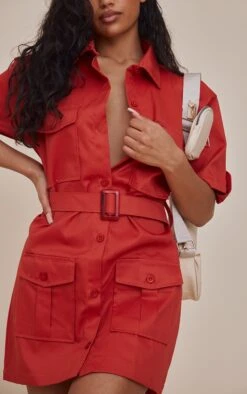 Rust Cargo Shirt Sleeve Belted Shirt Dress -Cheap Dress Store f872da985e18b400516d8ec5909b275dc9bd57dc cnc7086 4
