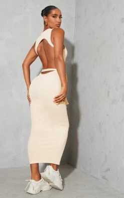 Stone Rib Cut Out Back Detail Tie Waist Midaxi Dress