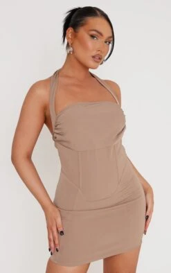 Mocha Woven Halter Tie Boned Bodycon Dress