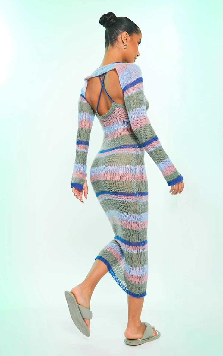 Blue Stripe Open Knit Maxi Dress & Sleeves 4 Blue Stripe Open Knit Maxi Dress & Sleeves - Image 2