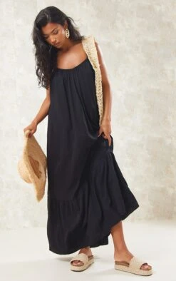 Black Strappy Pleated Tier Maxi Dress