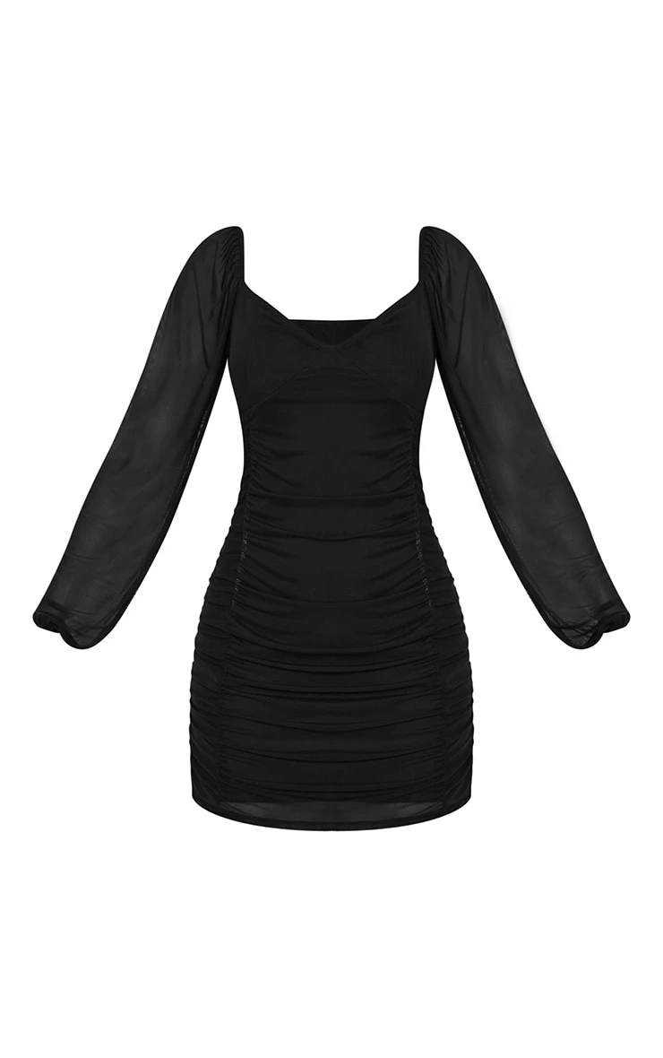 Black Mesh Double Ruched Long Sleeve Bodycon Dress 7 Black Mesh Double Ruched Long Sleeve Bodycon Dress - Image 5