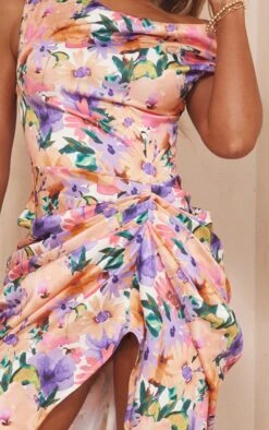 Multi Floral Print Satin Off The Shoulder Draped Skirt Midi Dress -Cheap Dress Store ff073098fe517f55c30df46f88688bb1890328f6 cmy4130 5